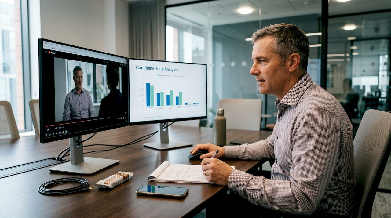 Manager reviewing candidate video analysis on monitors