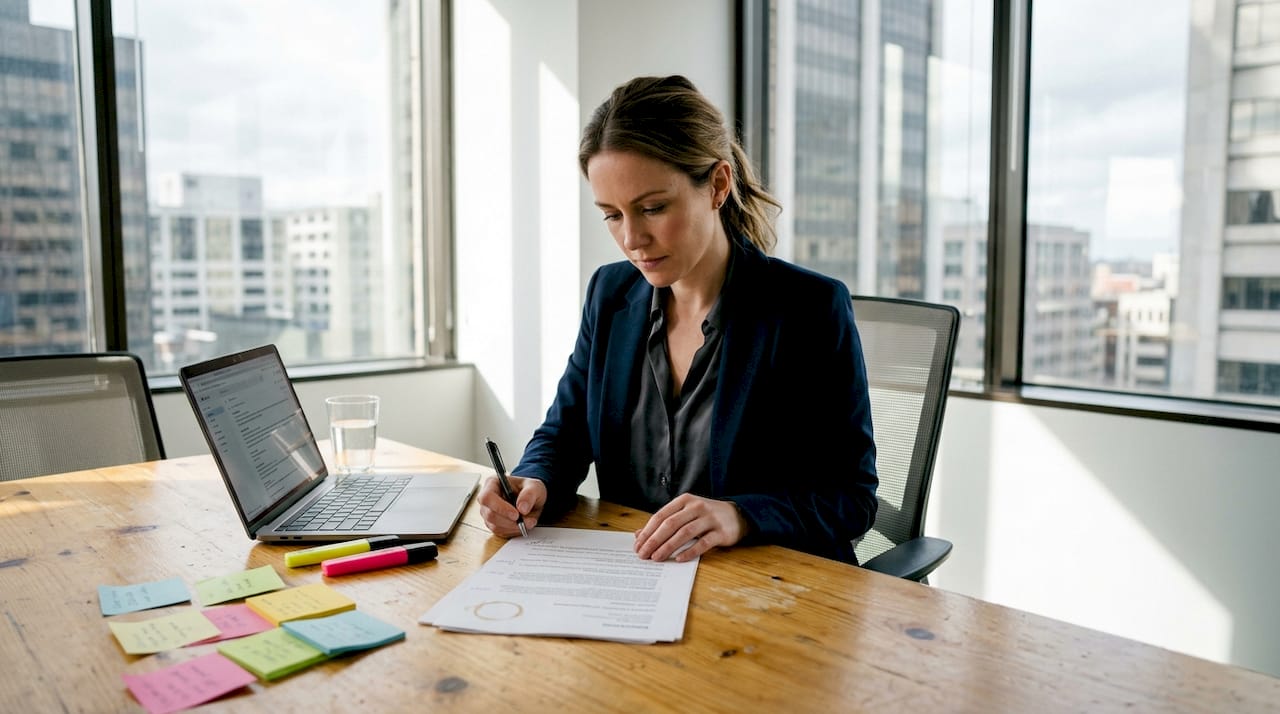 Hiring manager reviewing resume at window table