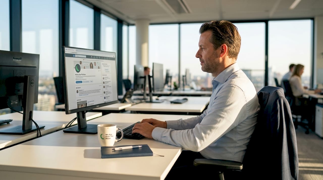 Op kantoor scrolt de recruiter door verschillende profielen.