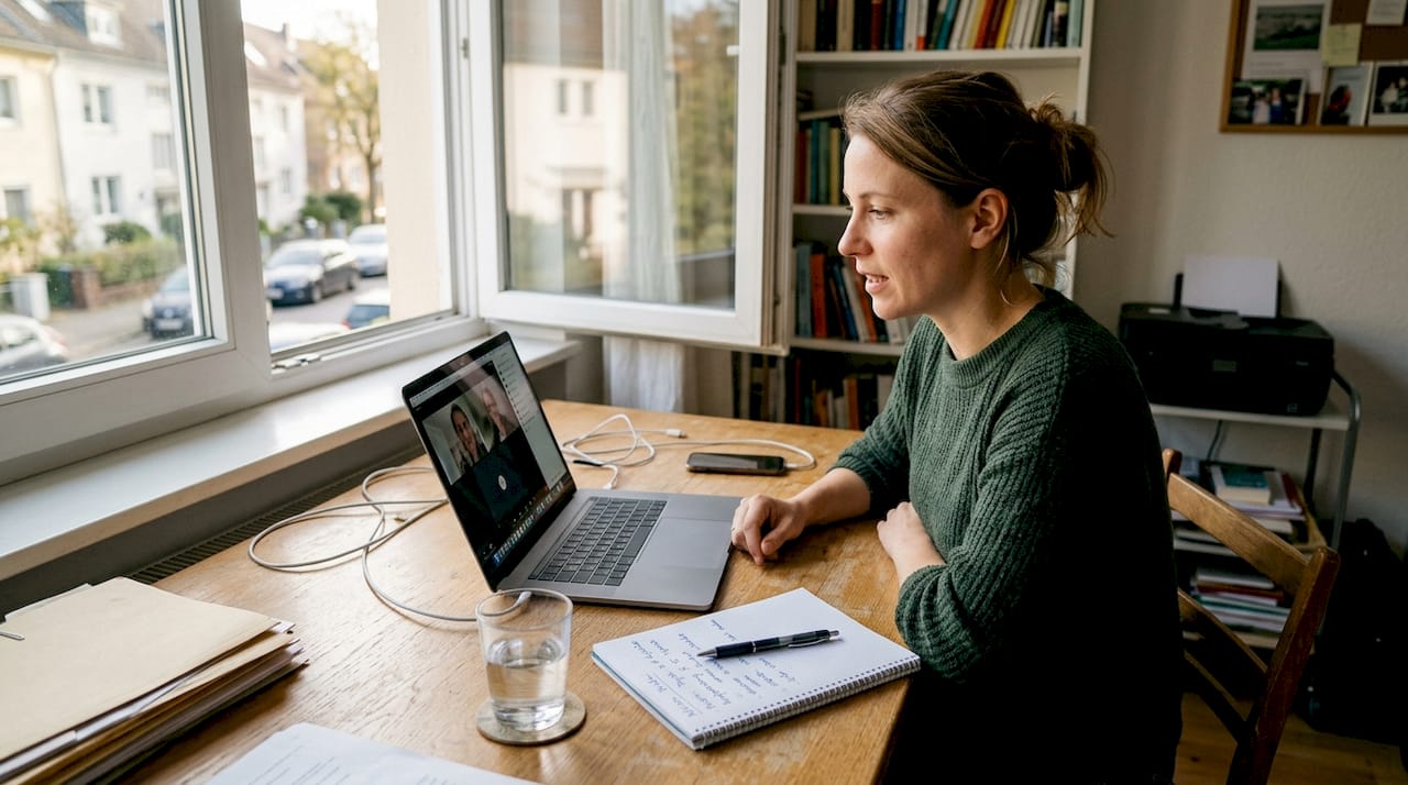 Eine Frau nimmt an einem Video-Interview teil und sitzt dabei an ihrem Schreibtisch.