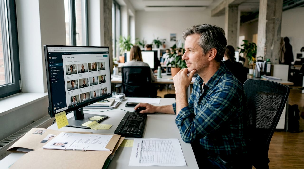 Ein Recruiter sichtet am Arbeitsplatz mehrere Vorstellungsvideos von Bewerbern.