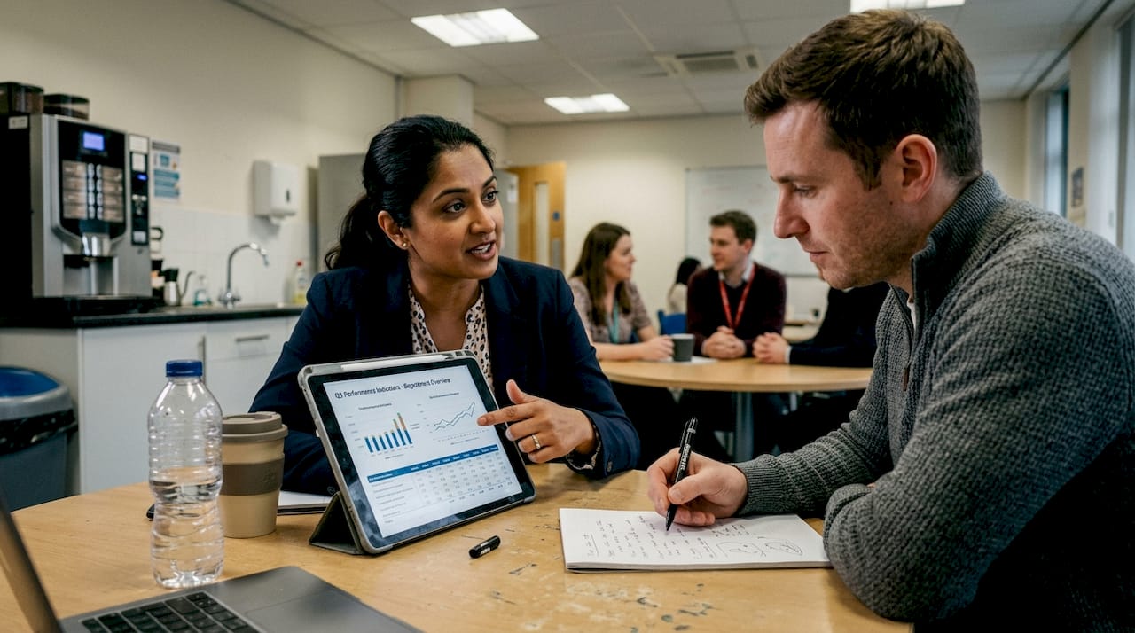 HR team discusses benchmarking results at table