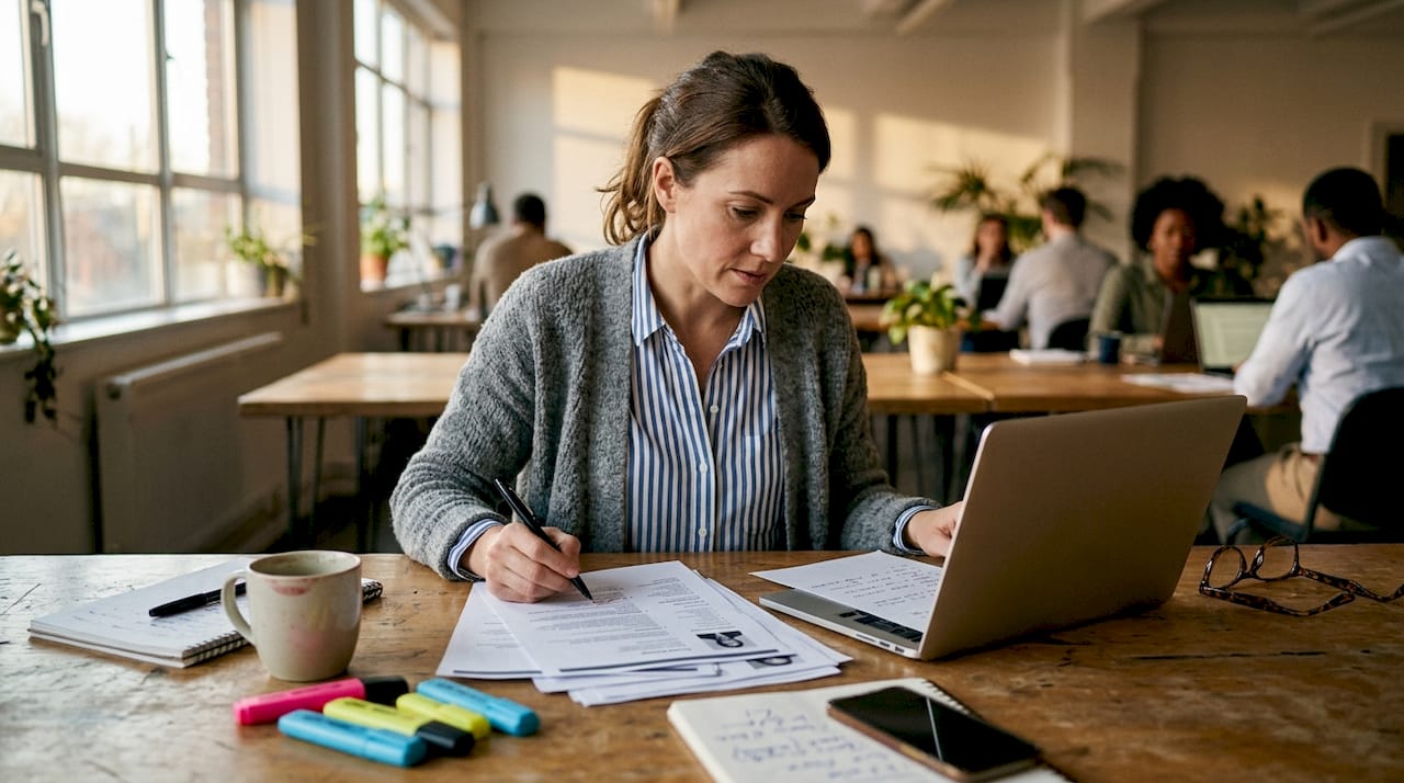 Hiring manager reviewing resumes at desk