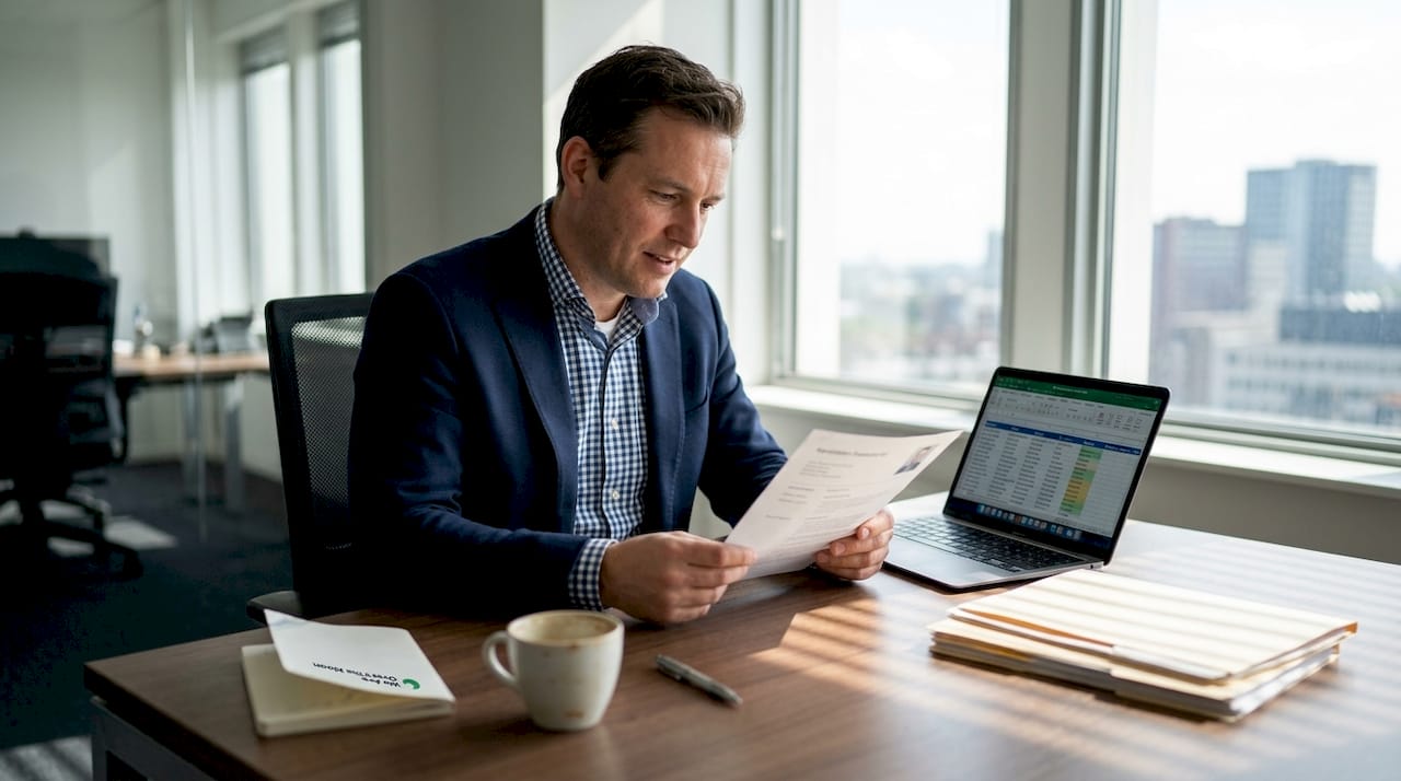 Een HR-professional bekijkt aandachtig het cv van een sollicitant aan een drukke werkplek, om te beoordelen of deze geschikt is voor de functie.