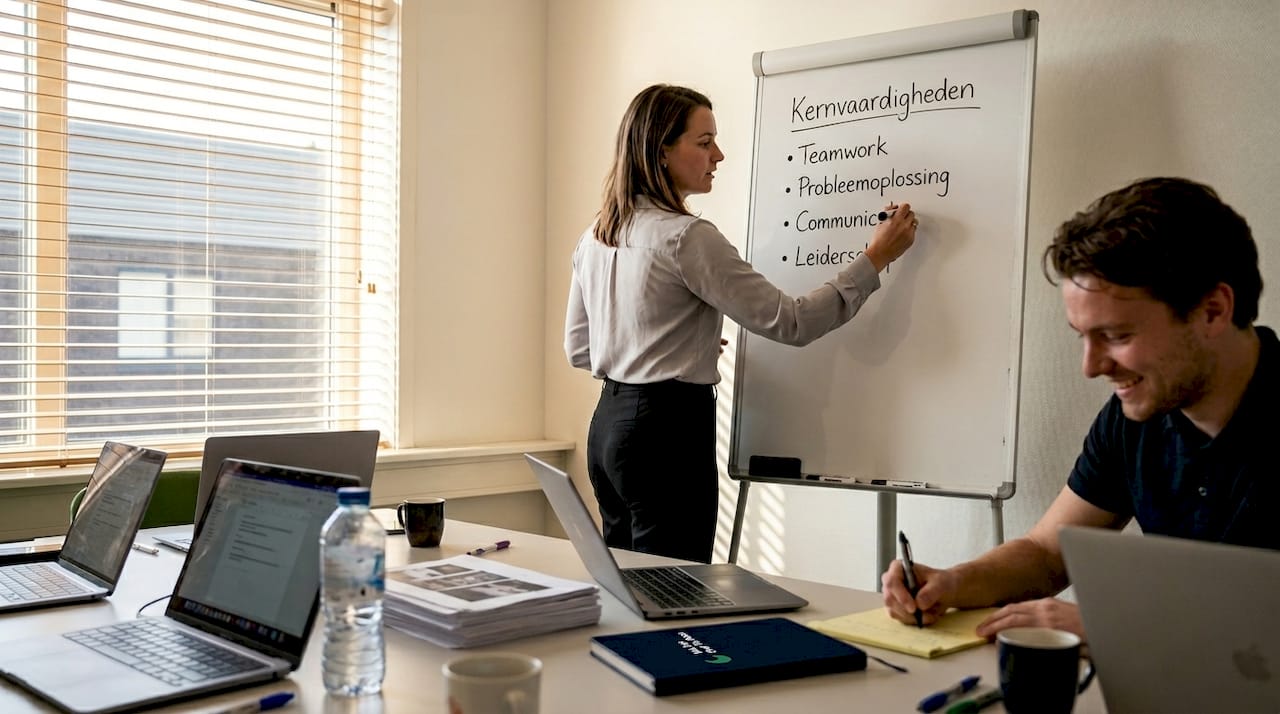 De teamleider schrijft vaardigheden voor effectief schrijven op het whiteboard in de vergaderruimte.