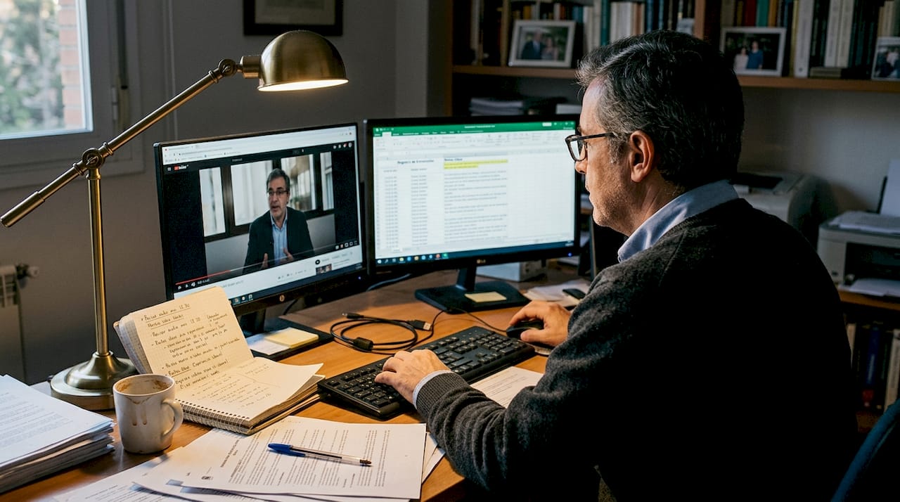 Un hombre revisa las grabaciones de las entrevistas de trabajo para analizar el desempeño de los candidatos.