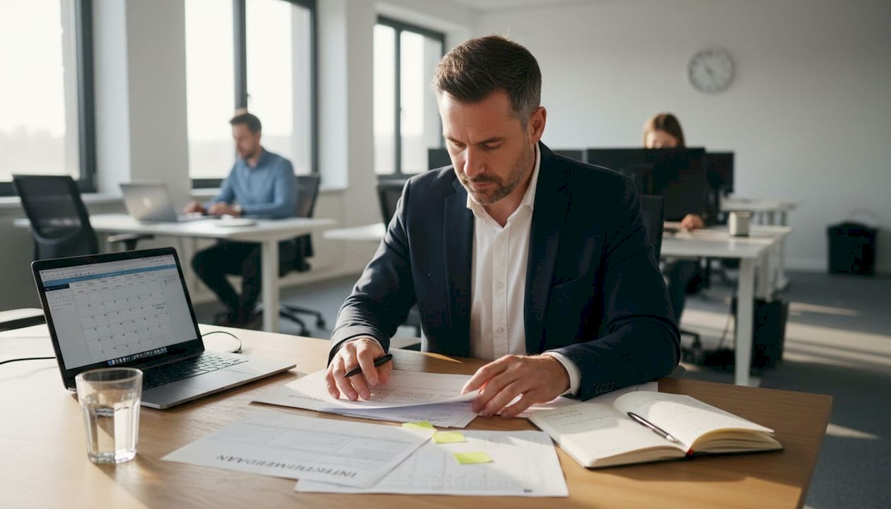 Ein HR-Manager überprüft den Interviewleitfaden auf seine Struktur und Praxistauglichkeit.