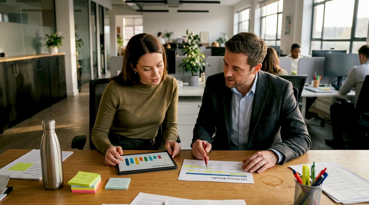 Colleagues reviewing hiring data printouts together