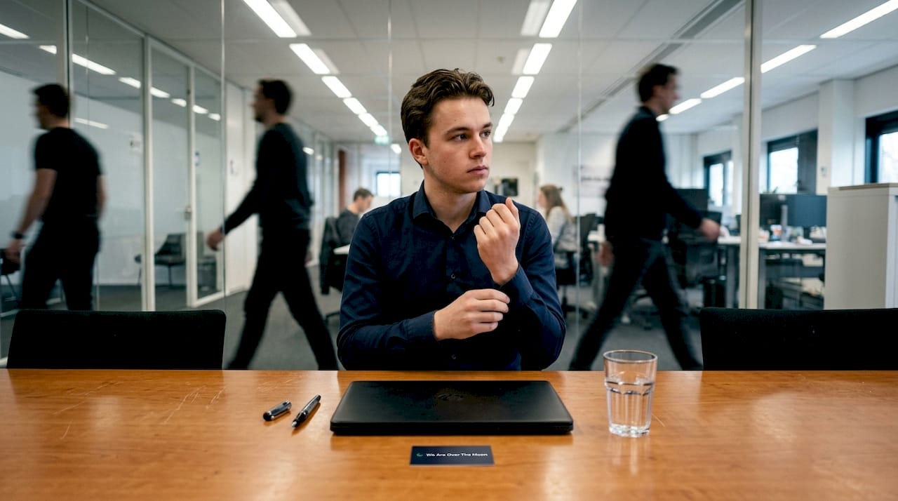 De kandidaat zit aan de tafel in het kantoor te wachten op zijn beoordeling.