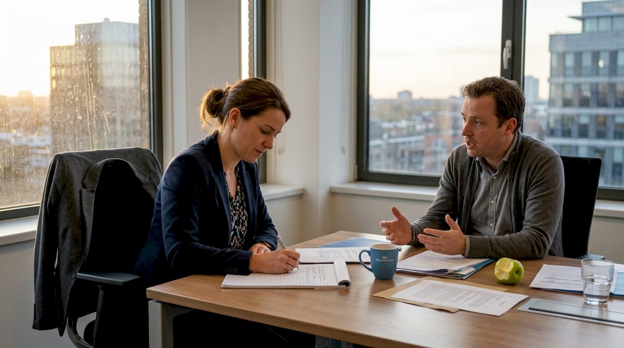 Een HR-manager en een collega zijn in gesprek op een druk kantoor.