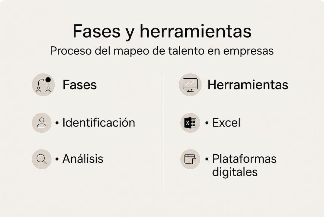 Infografía sobre las etapas clave y las principales herramientas para el mapeo del talento