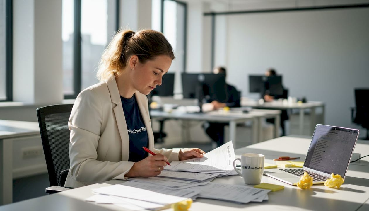 Recruiter speurt tussen stapels papier op zijn chaotische bureau naar geschikte cv’s