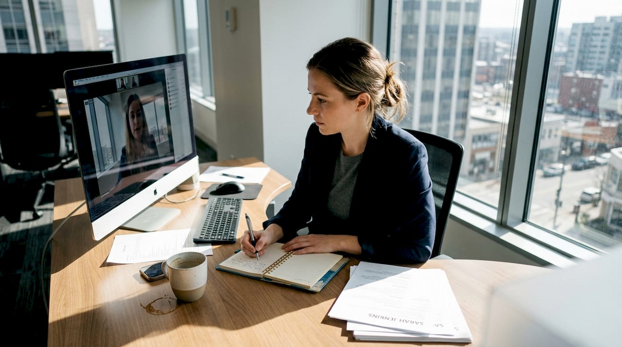 Recruiter reviewing digital interview in office