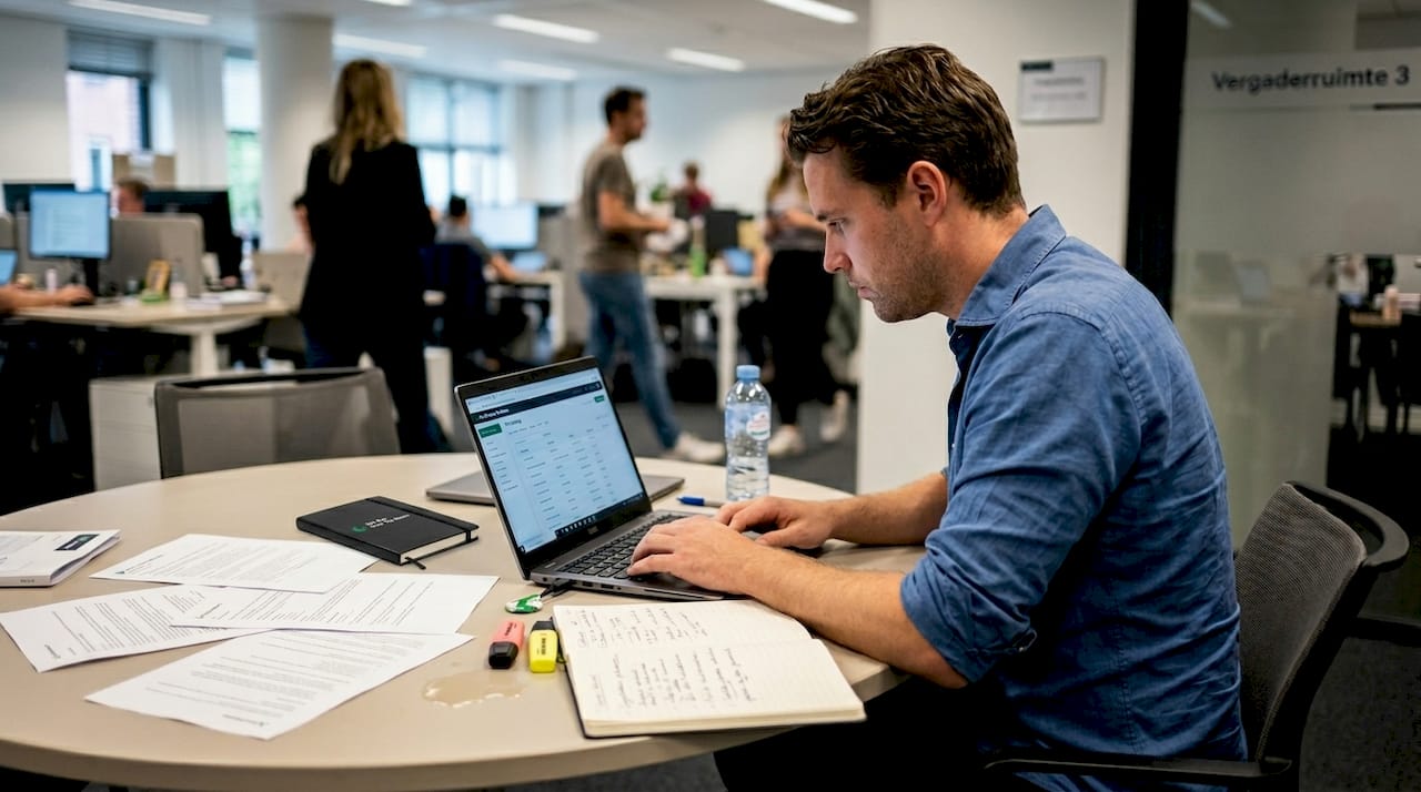 Een recruiter werkt op zijn laptop om gegevens van sollicitanten overzichtelijk te ordenen.