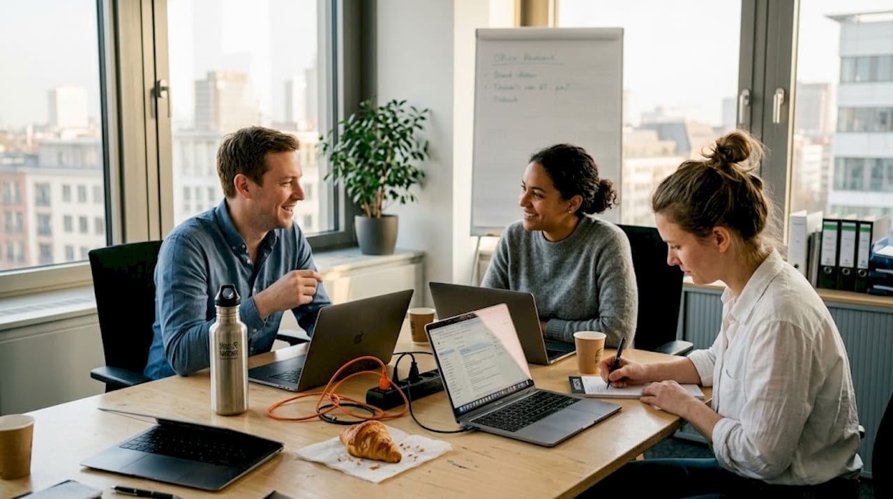 Ein Team tauscht sich im Büro über kreative Möglichkeiten zur Leistungsbewertung aus.