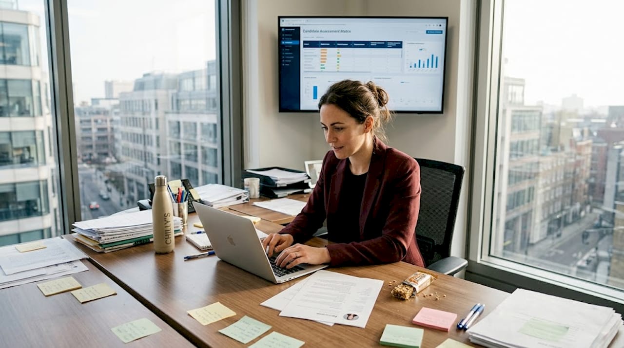 Woman assessing candidate resumes in busy office