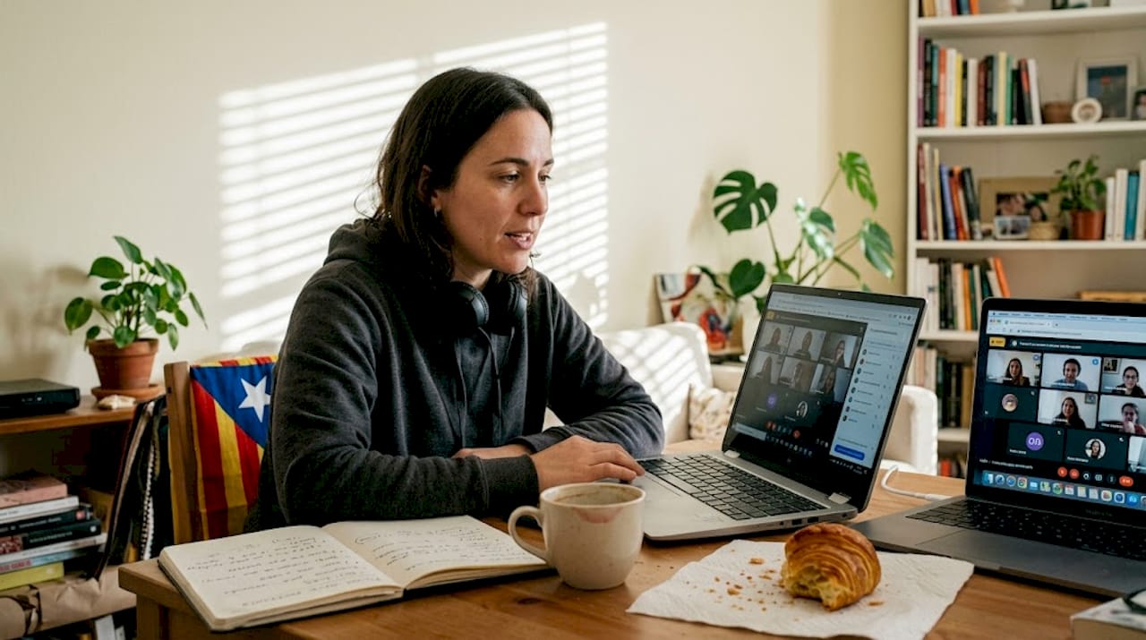 Mujer participando en una entrevista de trabajo en tecnología desde su casa