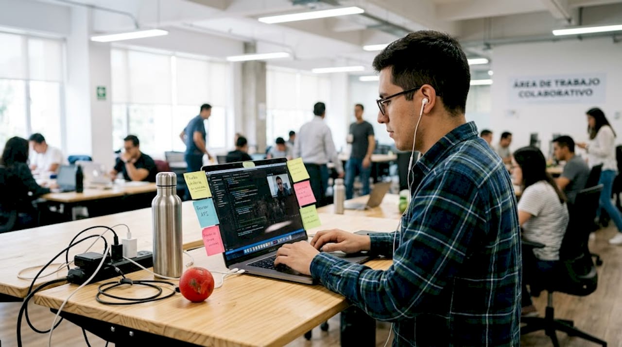 Hombre resolviendo un reto de programación en una entrevista técnica en directo