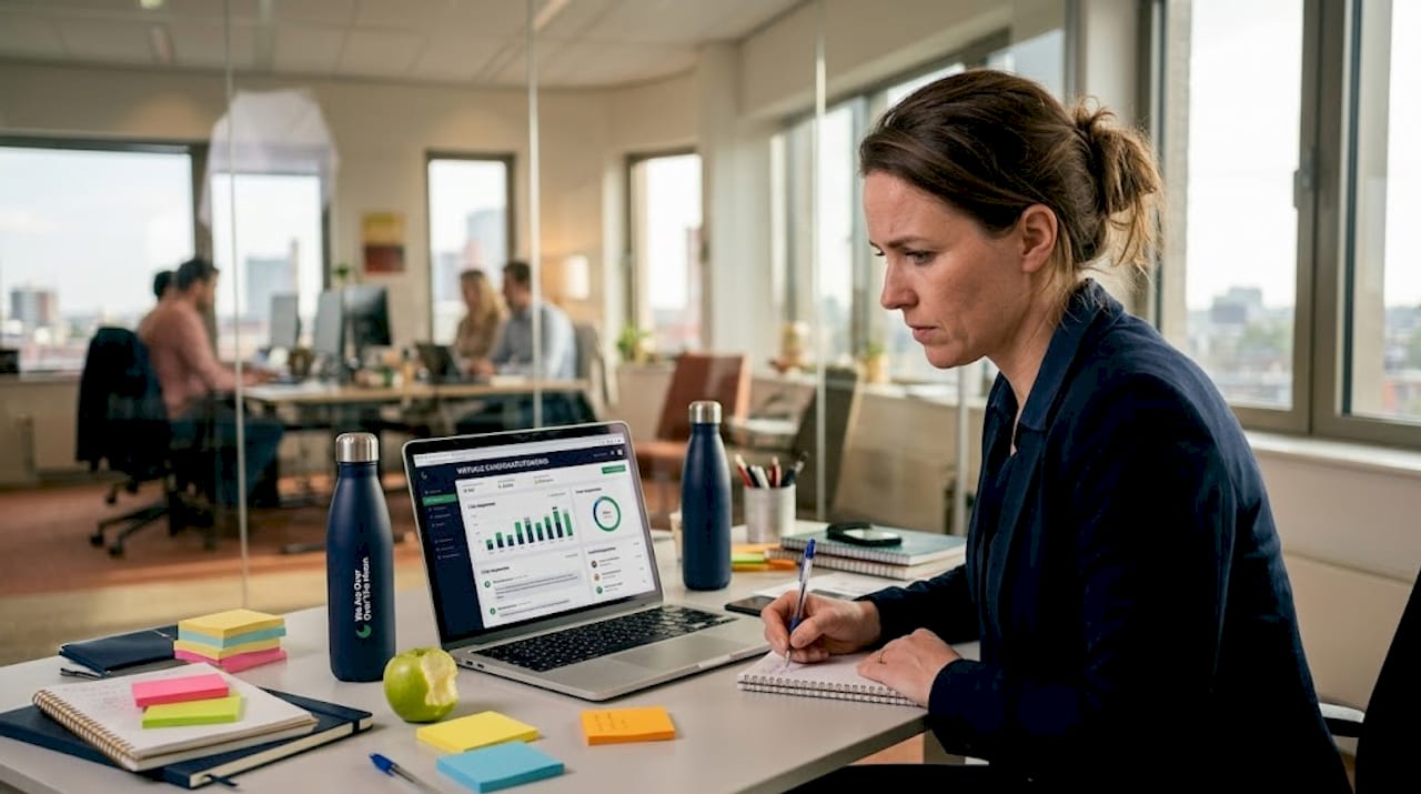Een recruitmentmanager organiseert een AI-gedreven selectieproef achter zijn bureau.