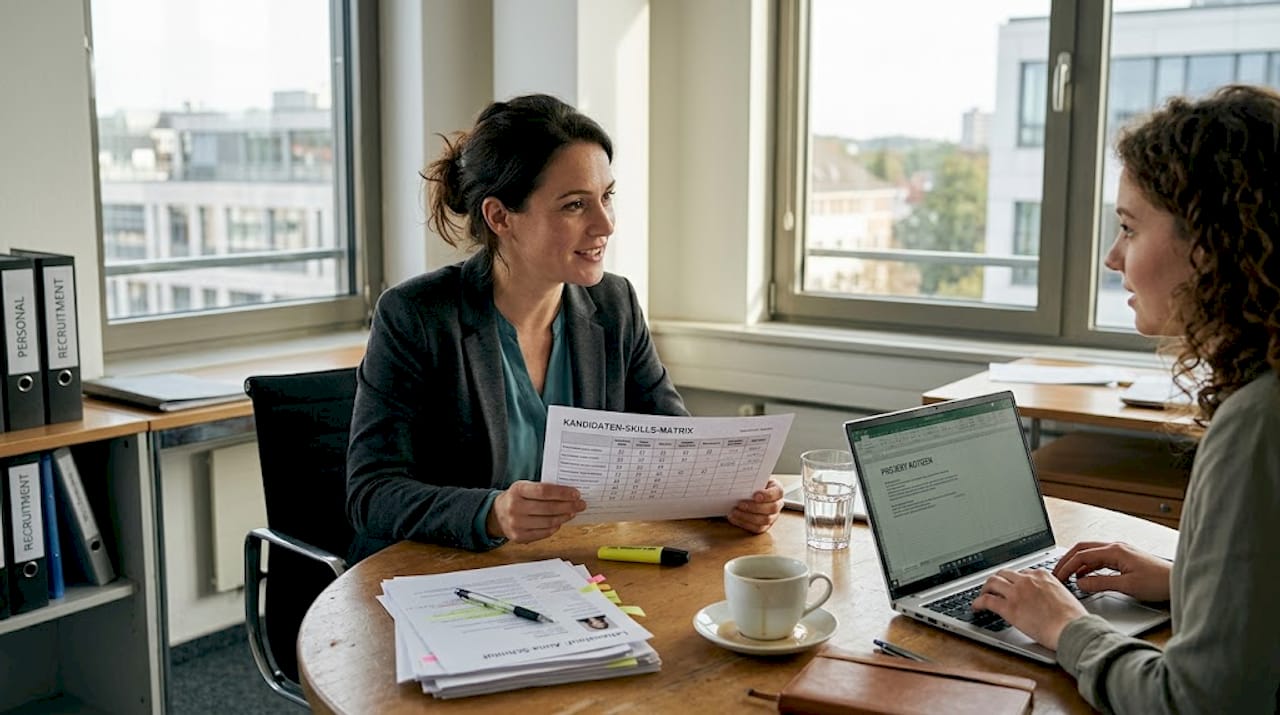 Die Personalmanagerin bespricht im Meeting die Bewerberübersicht.
