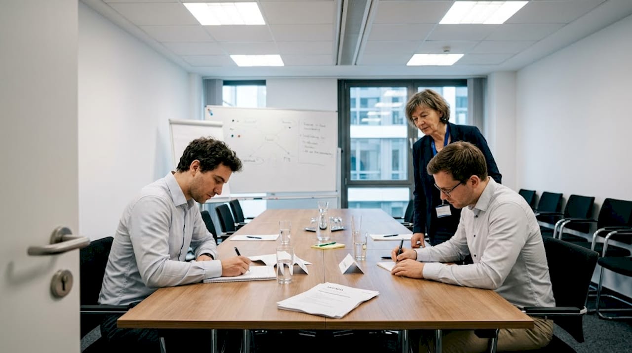 Teilnehmende absolvieren Aufgaben im Assessment Center