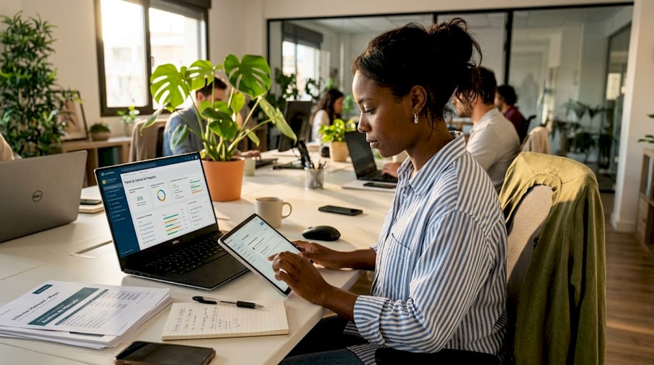 Mujer optimizando procesos de trabajo con herramientas de automatización en su oficina