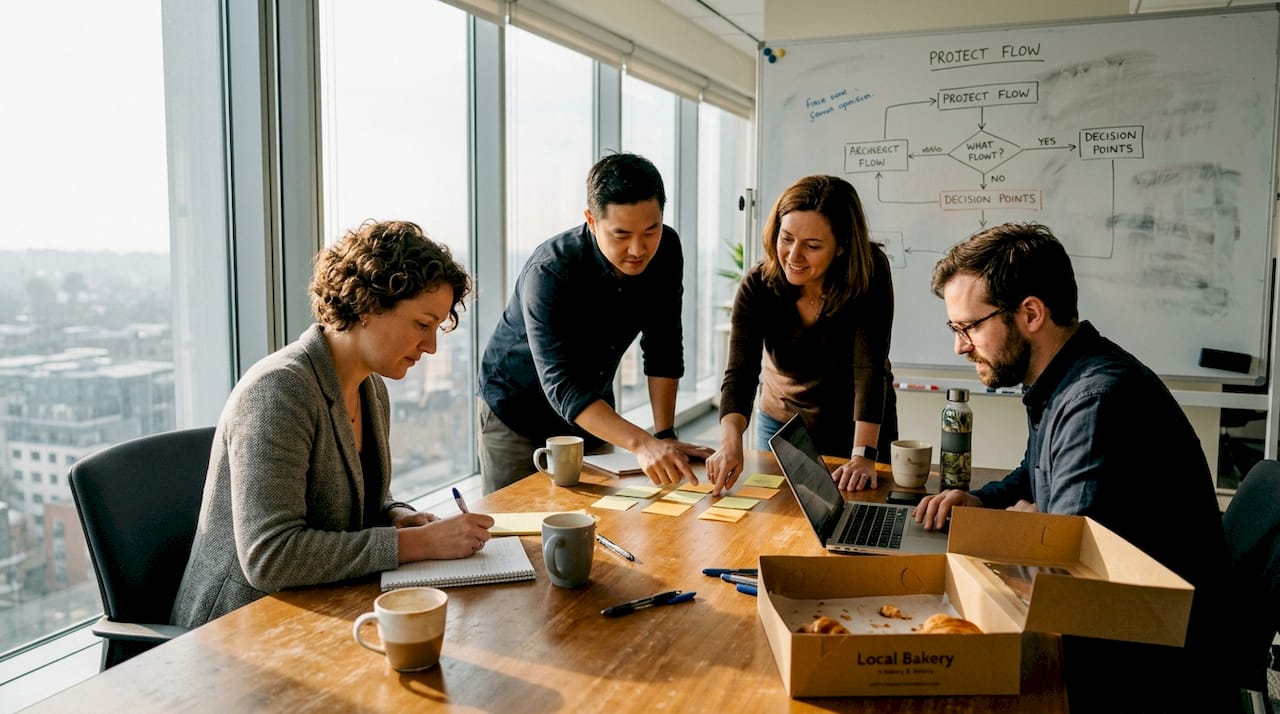 Team collaborating in bright corner office