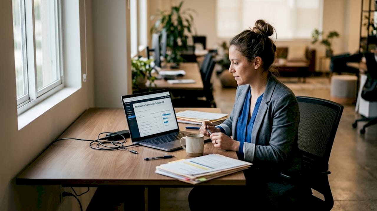 Especialista analizando una evaluación digital en su puesto de trabajo