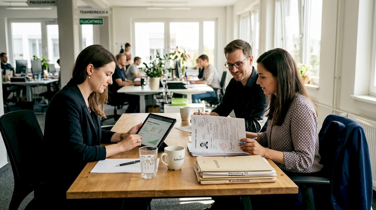 Der Recruiting-Manager bespricht gemeinsam mit seinem Team die Ergebnisse der Bewerberauswahl.