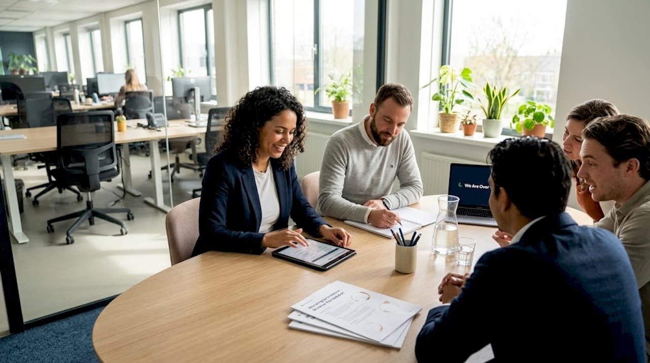 Het HR-team buigt zich samen over de selectie van de juiste competenties tijdens een overleg aan de vergadertafel.