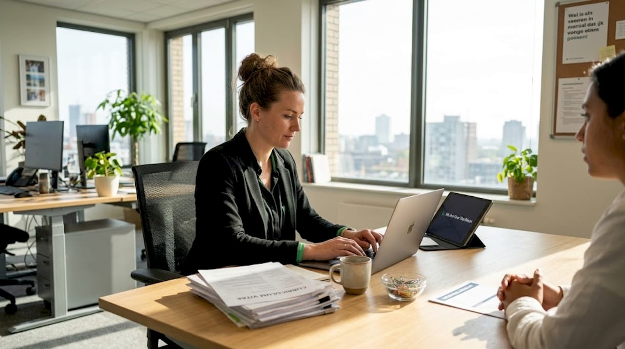 Tijdens het sollicitatiegesprek ontvangt de recruiter de kandidaat op kantoor voor een persoonlijk gesprek.