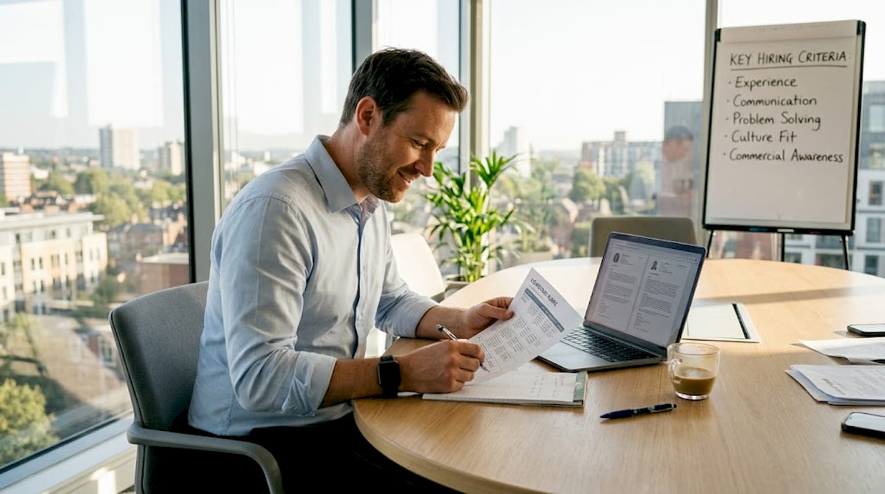 Manager reviews candidate assessments in office setting