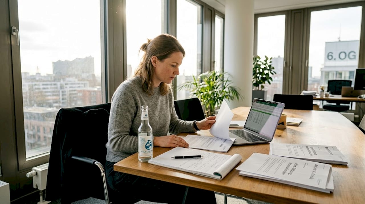 Die Personalchefin prüft im Büro die aktuellen Testergebnisse.
