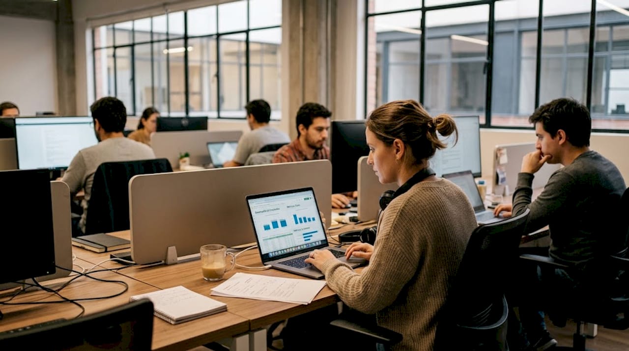 Especialista analizando información sobre talento en un espacio de trabajo colaborativo
