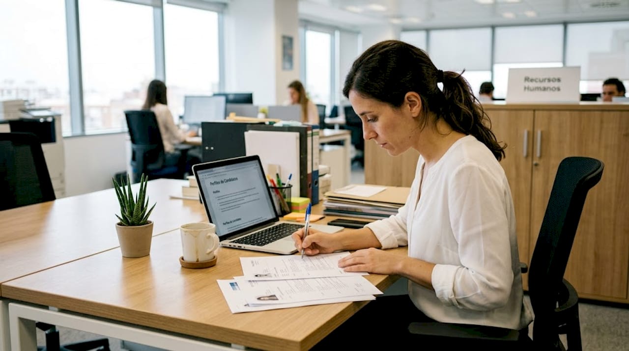 Profesional de recursos humanos analizando hojas de vida en su puesto de trabajo