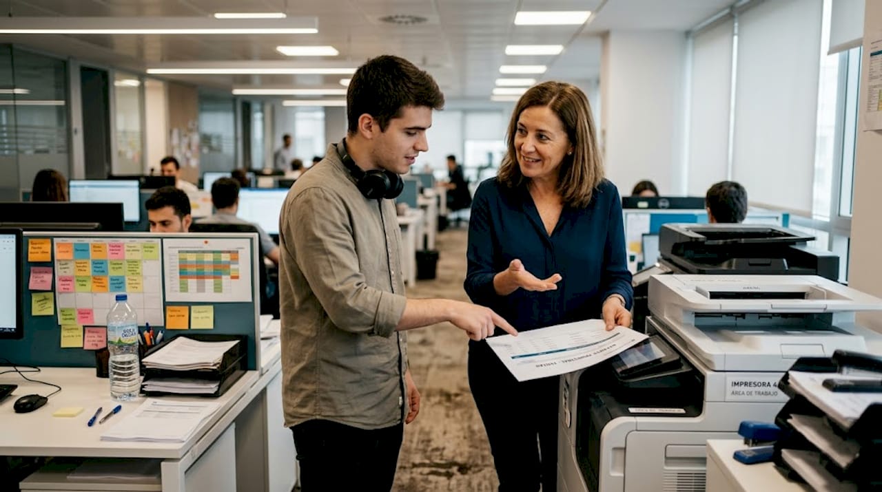 Varios empleados conversan sobre temas de trabajo junto a la impresora compartida.