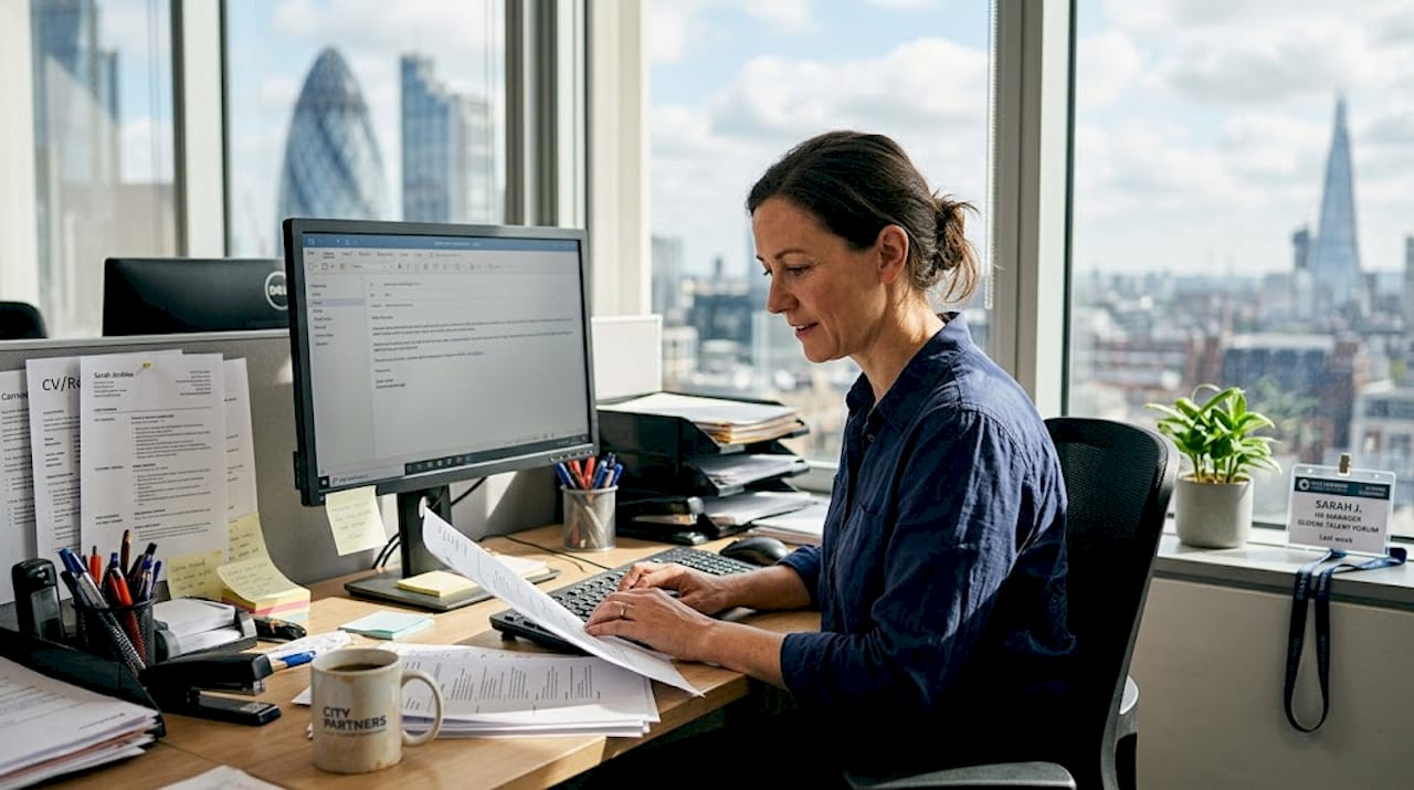 HR manager reviews resumes at sunny office desk