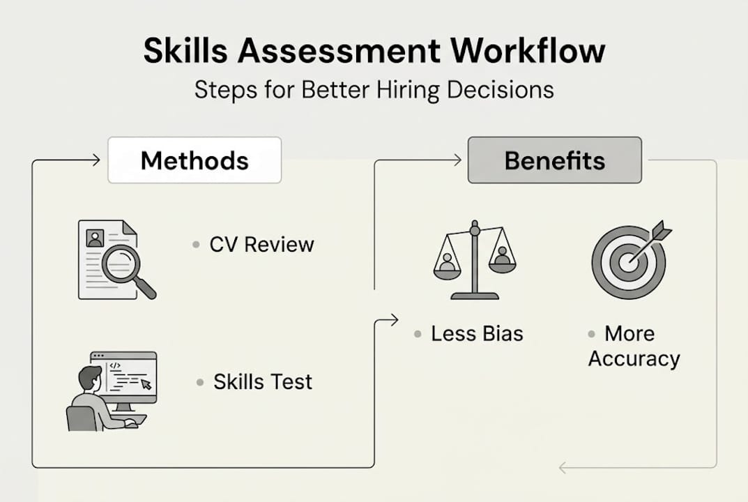 Infographic showing steps and benefits of skills assessment workflow