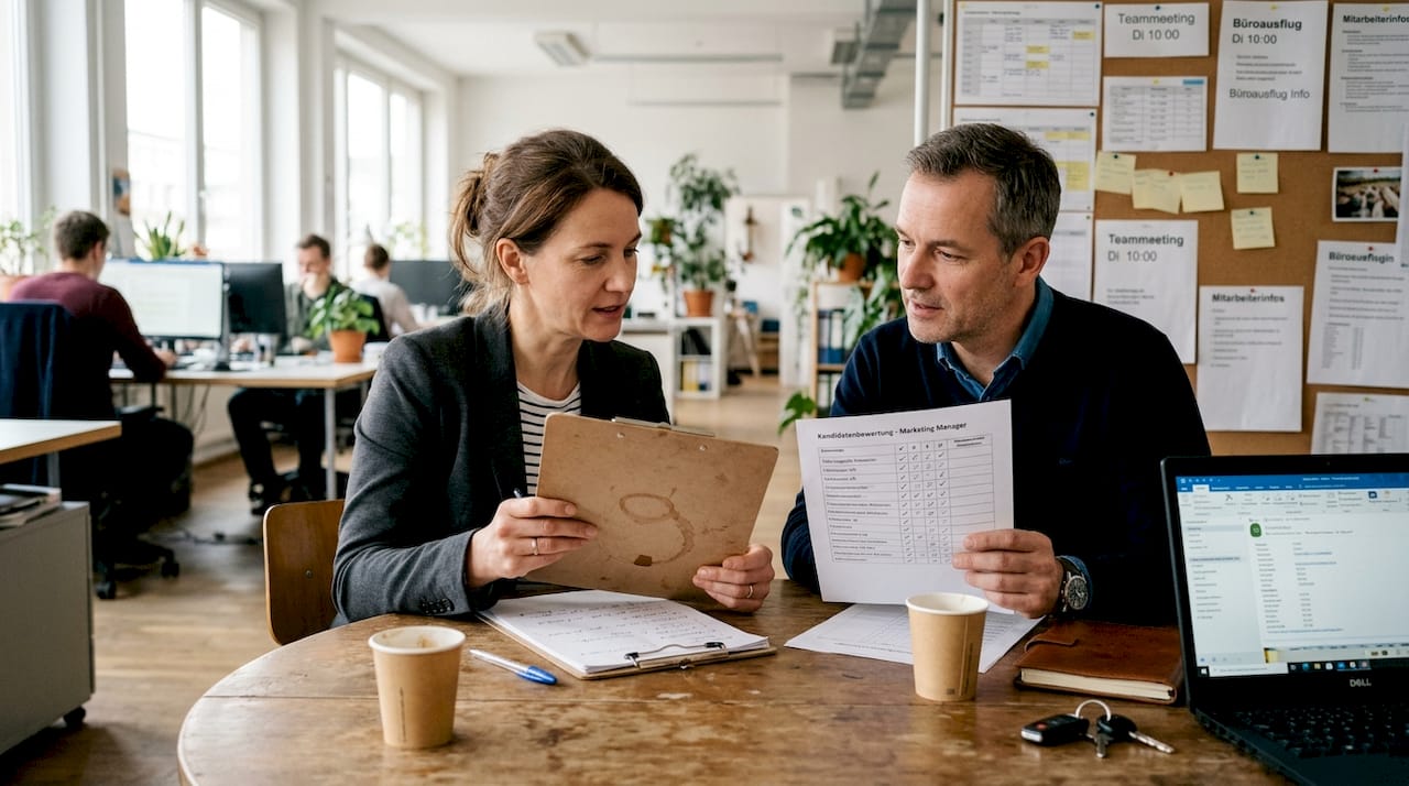 Zwei Kollegen sitzen gemeinsam am Tisch und gehen die Notizen aus den Bewerbungsgesprächen durch.