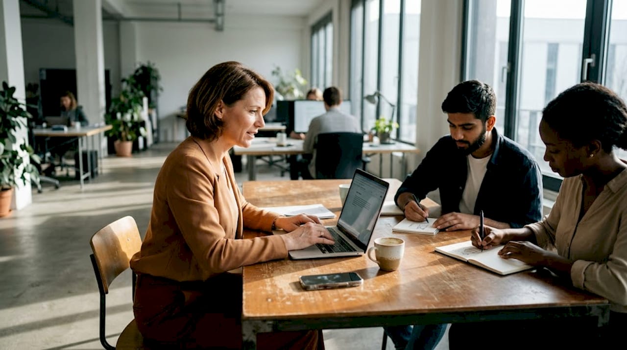 Während des Teammeetings macht die HR-Managerin sich Notizen.