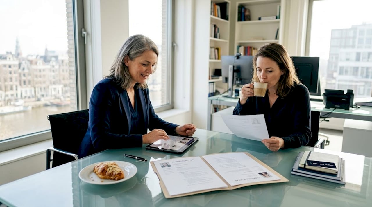 Een recruiter bekijkt de profielen van sollicitanten aan tafel.