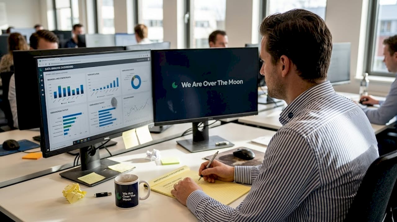 Een data-analist bekijkt het wervingsdashboard op kantoor.