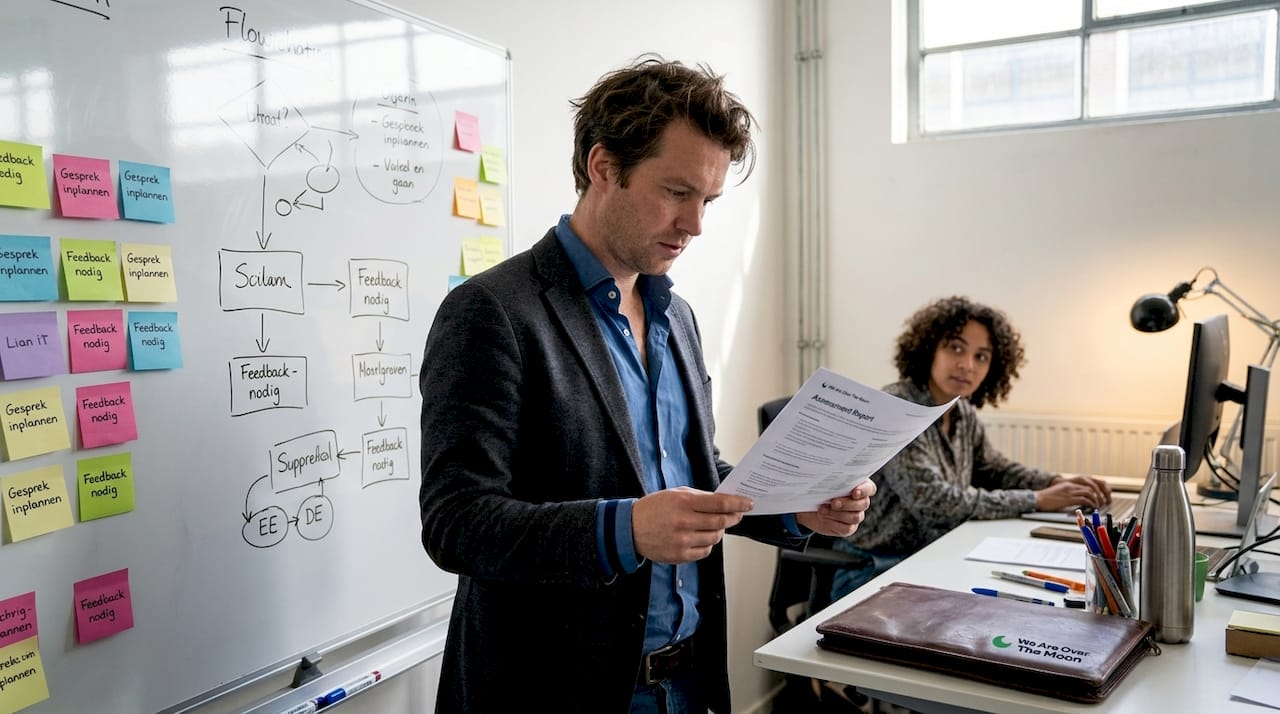 Een recruiter beoordeelt de adviesvaardigheden van een collega tijdens een gesprek op kantoor.