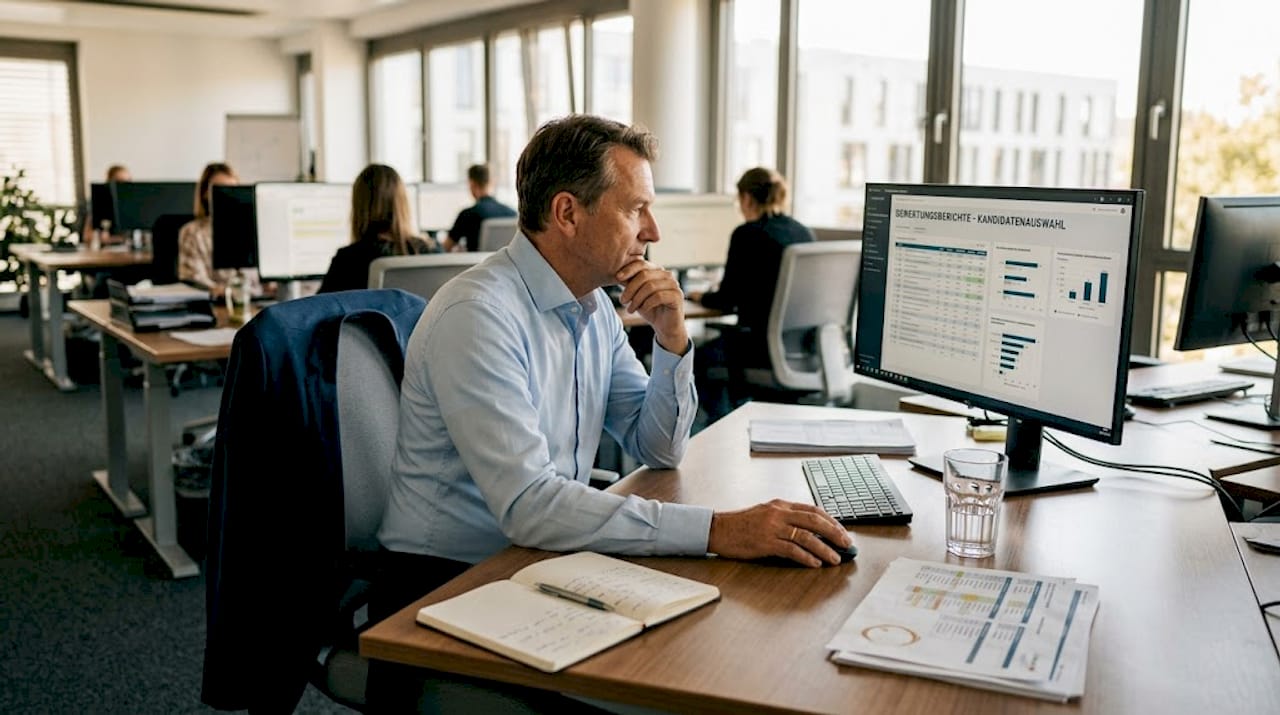 Ein Personaler prüft verschiedene digitale Tools für Assessment Center auf ihre Praxistauglichkeit.