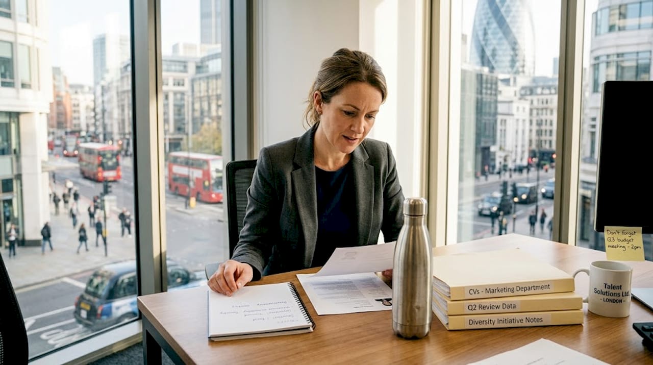 HR manager reviewing resumes in bright office