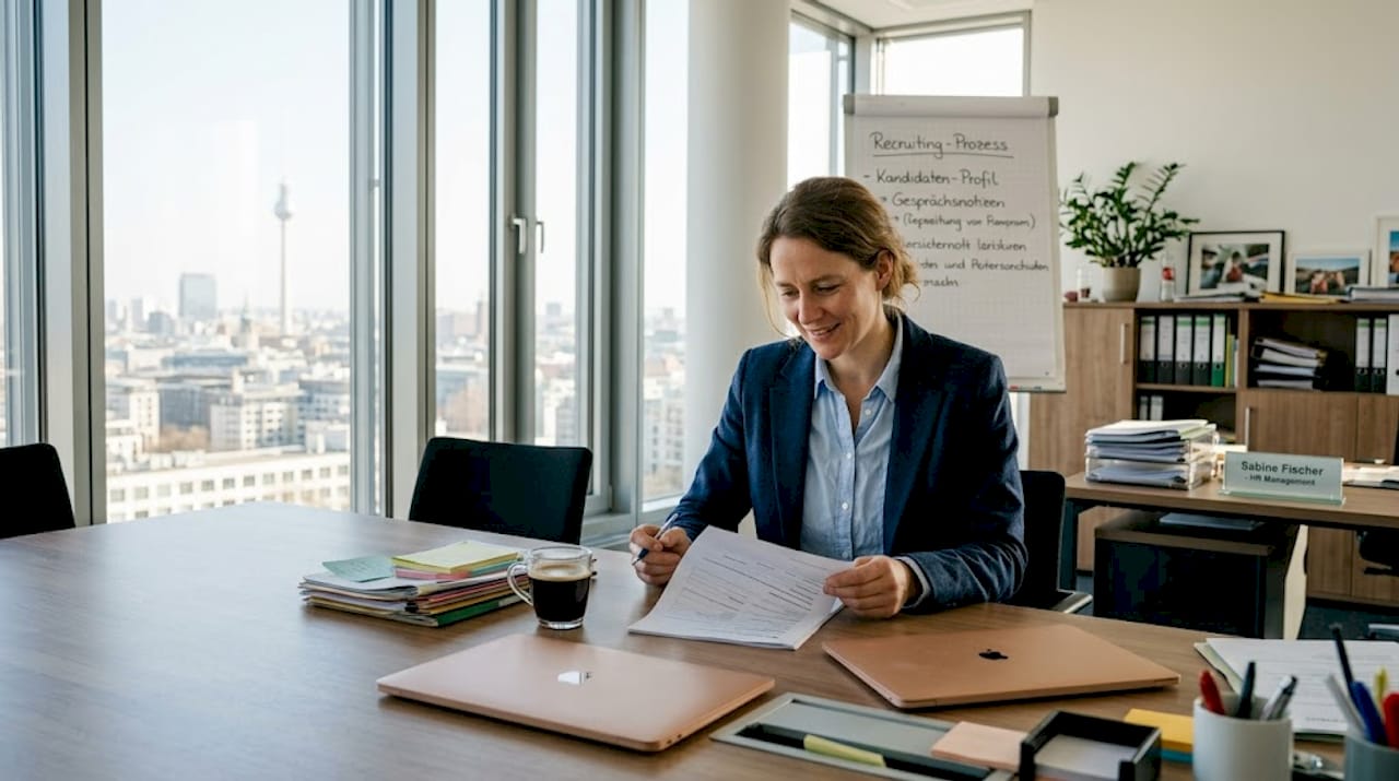 Eine Personalmanagerin sichtet im Büro die Bewerbungsunterlagen.