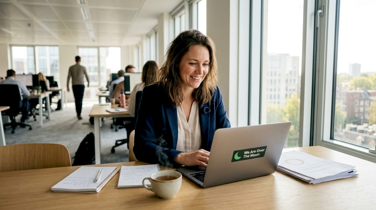 Een HR-manager voert online sollicitatiegesprekken vanuit het kantoor.