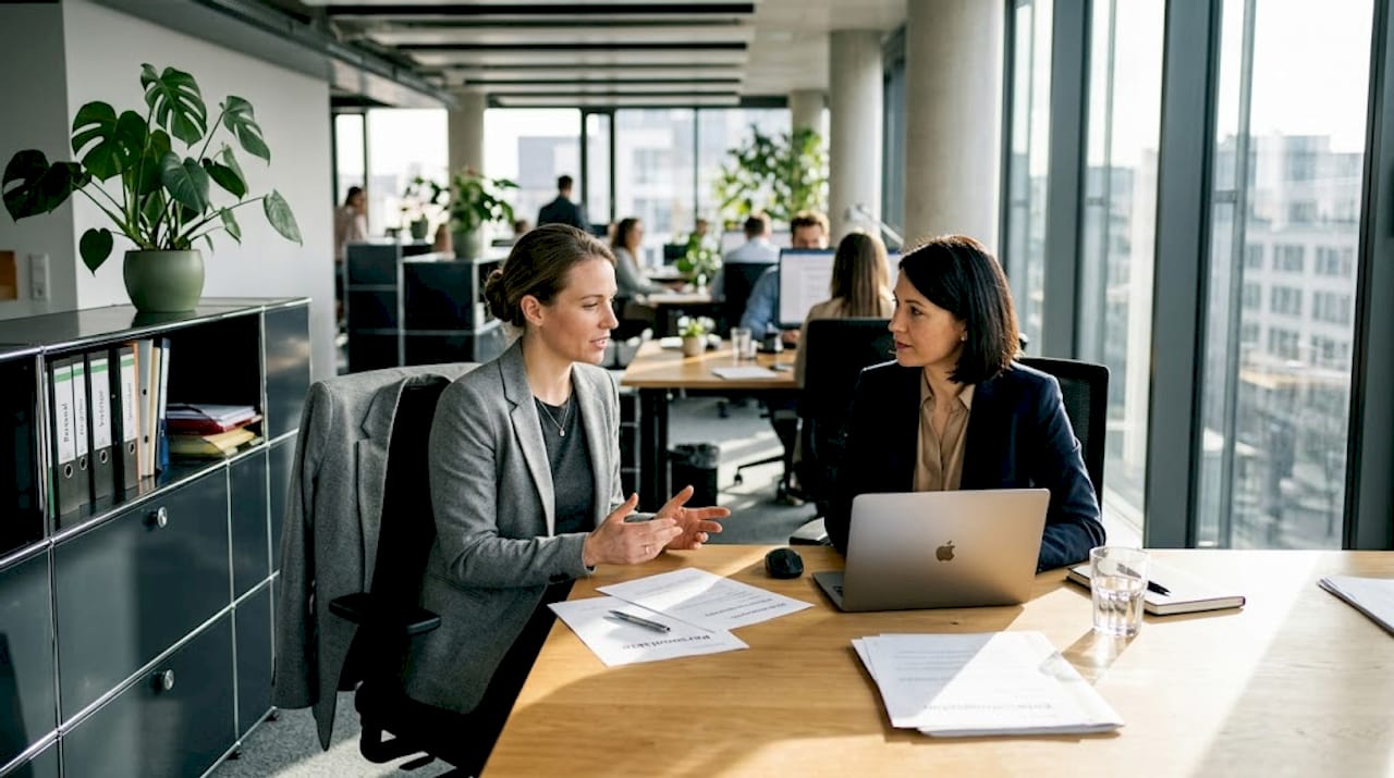 Im Büro findet ein Gespräch zwischen einer Bewerberin und der Personalabteilung statt.