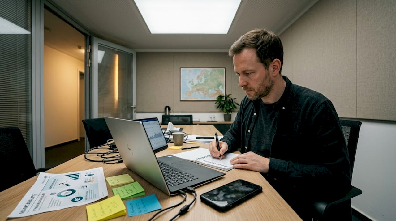 Eine HR-Managerin wertet mit ihrem Laptop aktuelle KI-Berichte aus.