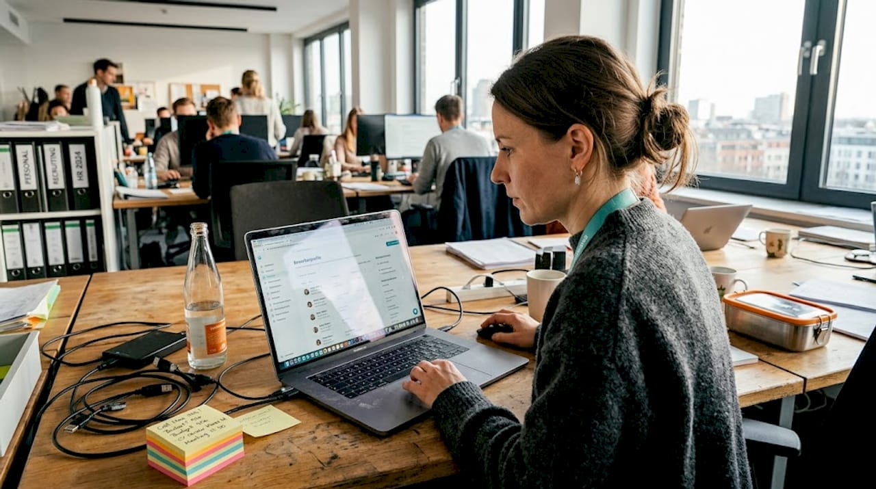Im Büro prüft die Recruiterin, wie gut die Bewerber zum Unternehmen passen.